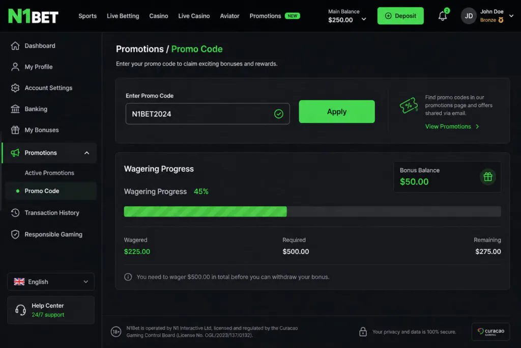 Step-by-step bonus activation panel inside the N1Bet profile dashboard - n1bett-de.com