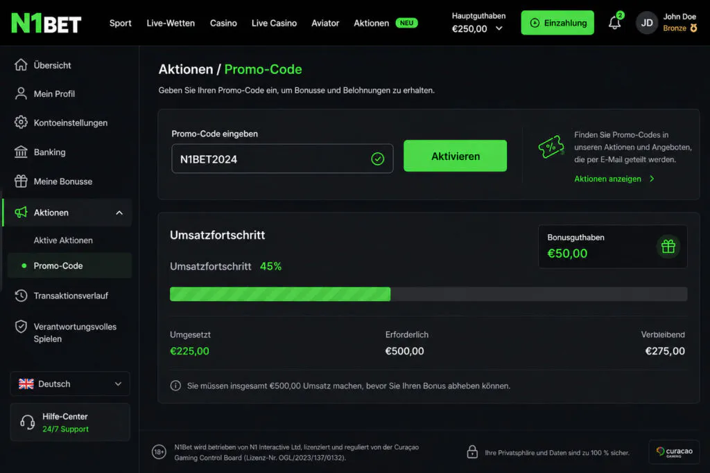 Schrittweises Bonus-Aktivierungspanel im N1Bet Profil-Dashboard - n1bett-de.com
