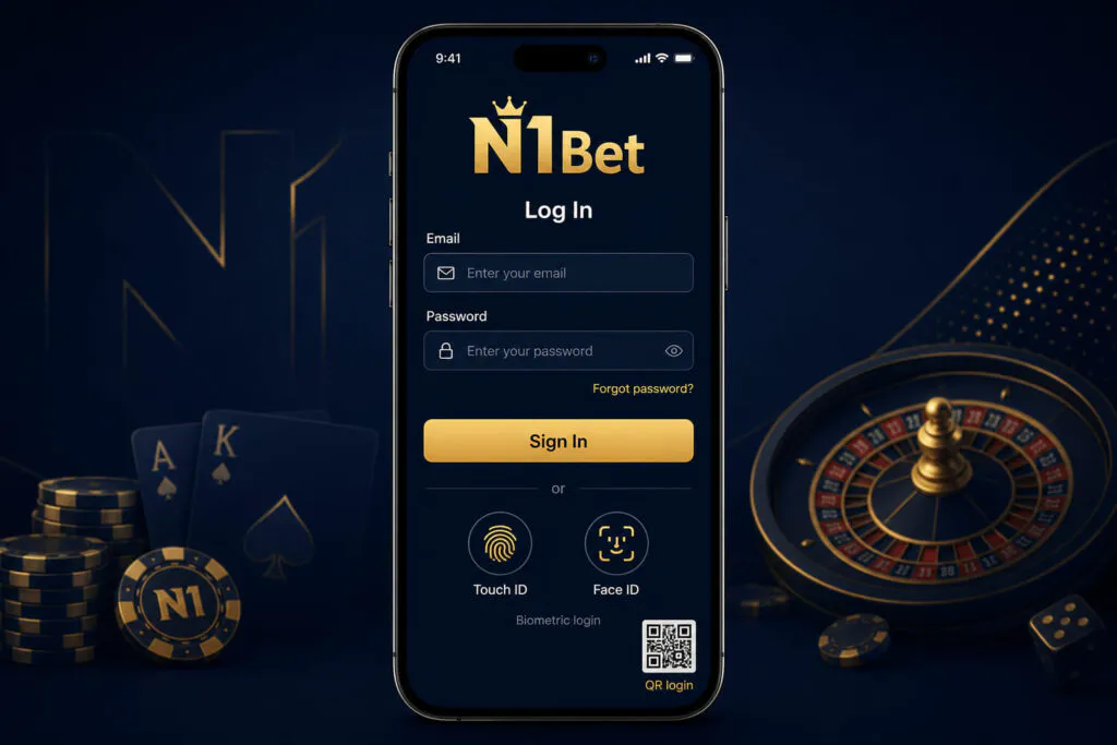 Mobile login screen of the N1Bet application with biometric authentication features - n1bett-de.com