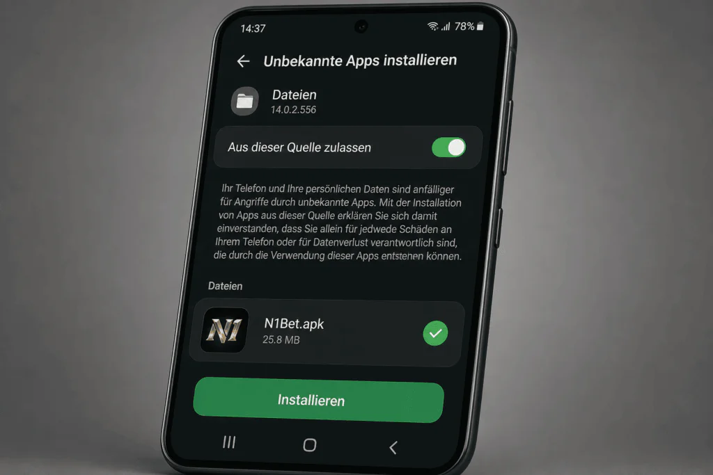 Android-Sicherheitseinstellungen erlauben die Installation der N1Bet APK auf einem Smartphone - n1bett-de.com