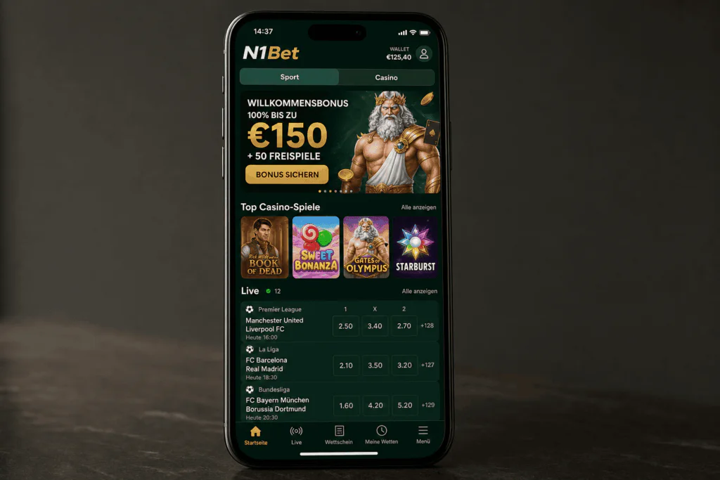 Hauptoberfläche und Benutzer-Dashboard der mobilen N1Bet App - n1bett-de.com